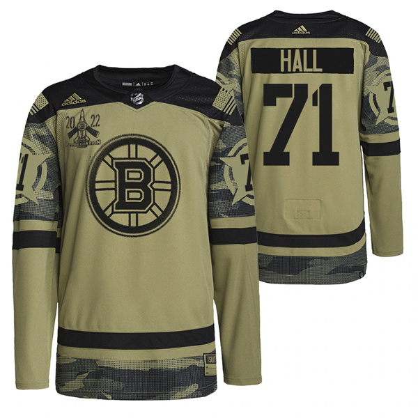 Men's Boston Bruins #71 Taylor Hall 2022 Camo Military Appreciation Night Stitched